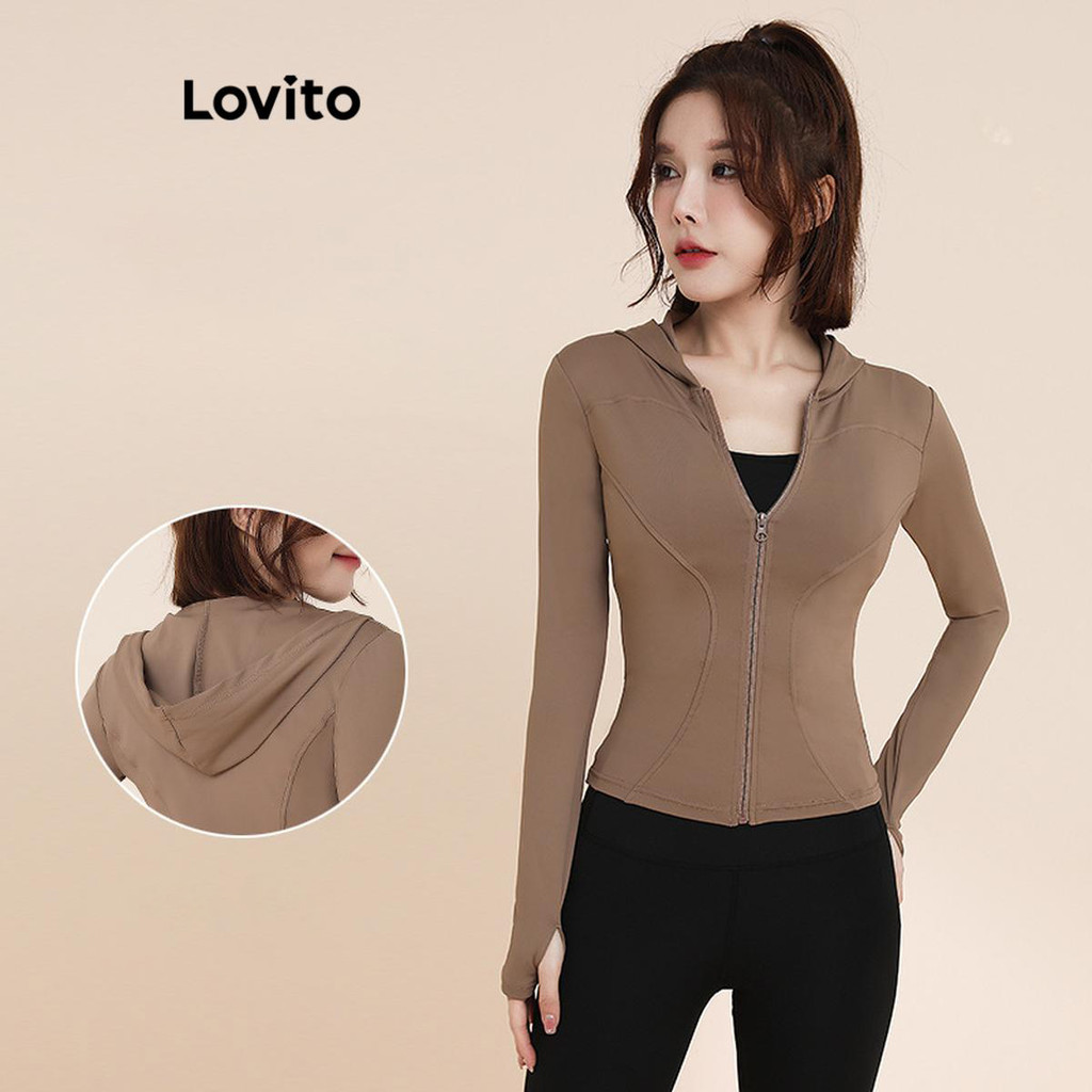 Lovito เสื้อแจ็คเก็ตกีฬา มีซิป สีพื้น สไตล์สปอร์ต สำหรับผู้หญิง LNL389
