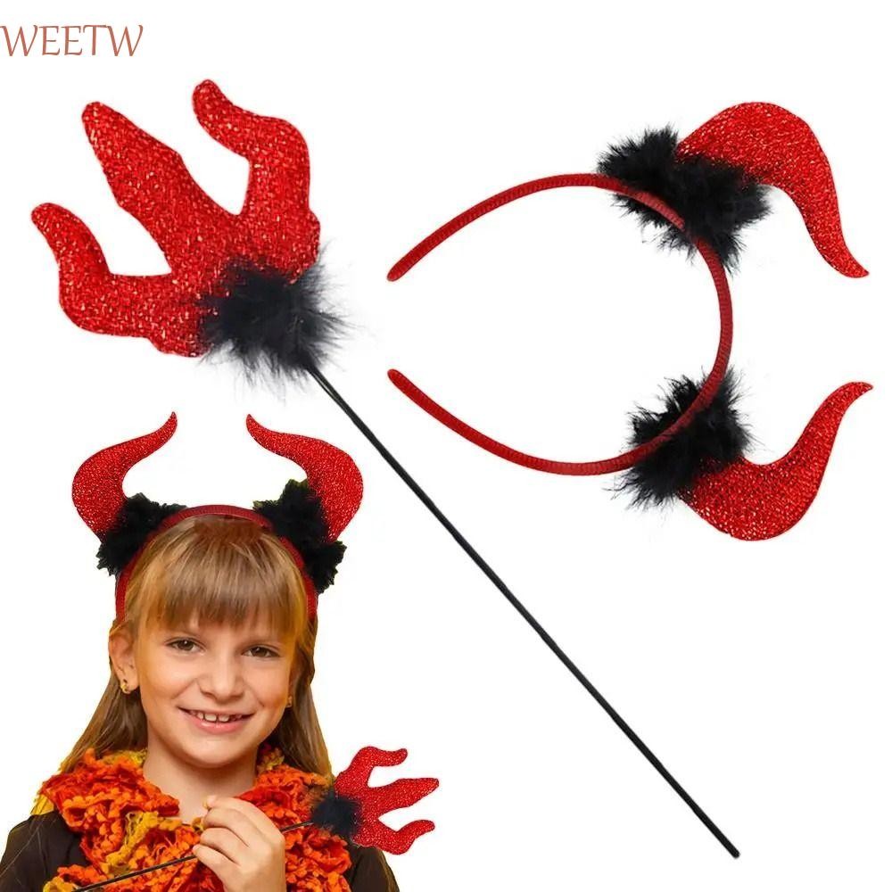 Weekw ชุดเครื่องแต่งกายปีศาจฮาโลวีน, ห่วงผม Glitter Red Cane Dress Up Kit, เครื่องแต่งกายปีศาจอินเทรนด์ Bull Horn Devil Horn ที่คาดผมผู้หญิง