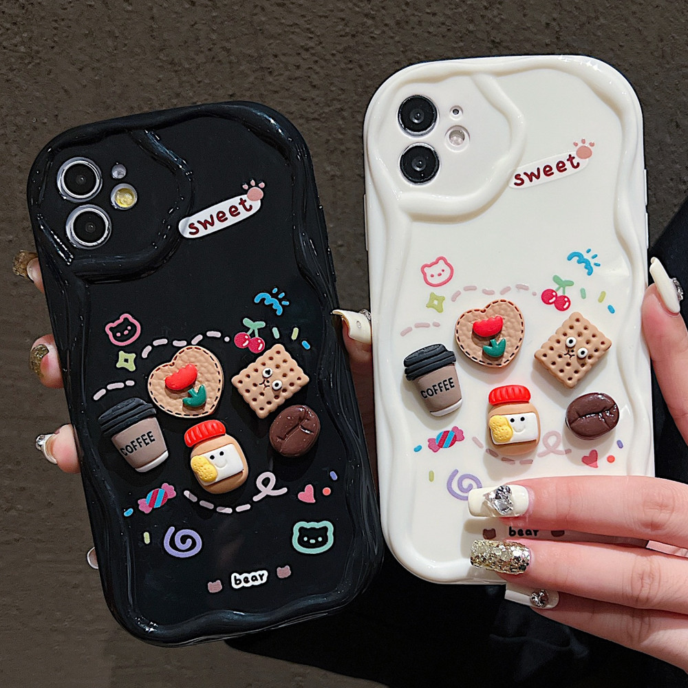 DIY เคสโทรศัพท์มือถือ for iPhone 11 13 12 14 15 16 Pro Max 13 15 14 Plus ครีมขอบการ์ตูนสัตว์สร้างสรรค์แฮนด์เมด