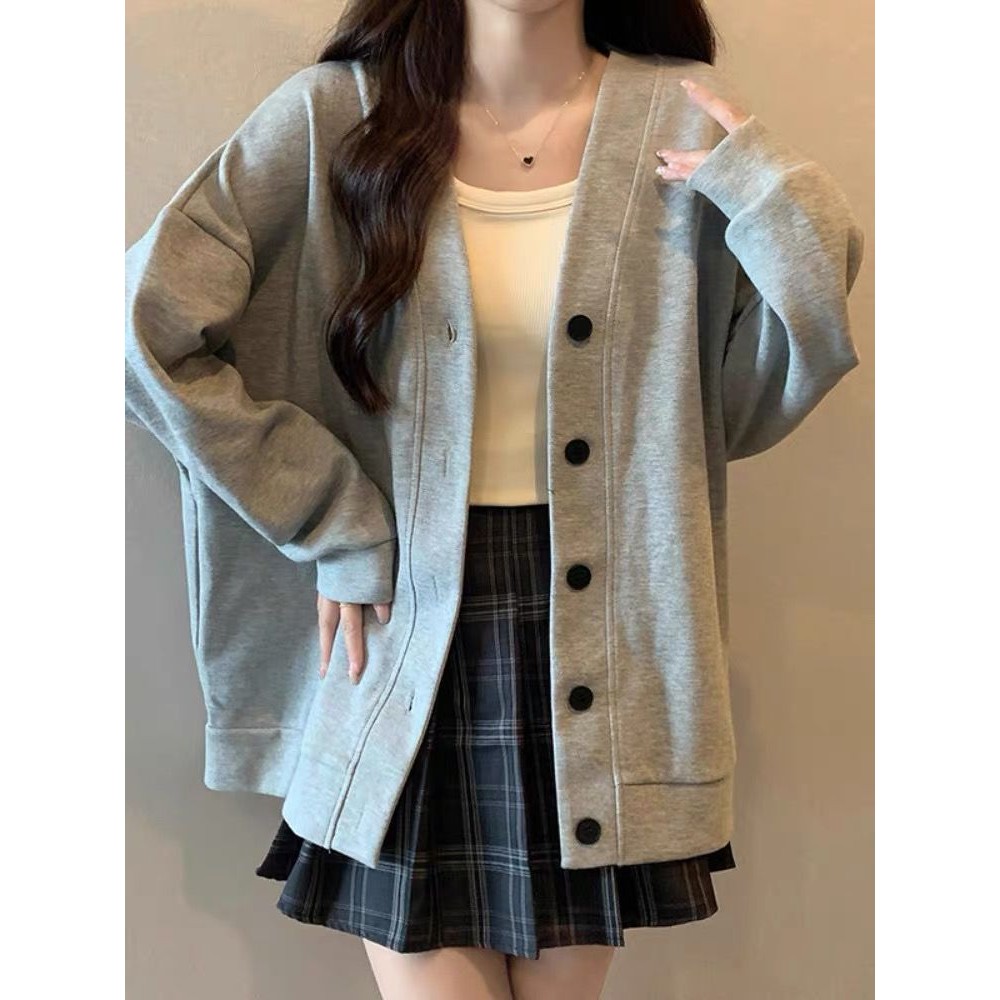 สไตล์เกาหลีใหม่ร้อนขายแขนยาวด้านบนเสื้อผ้ากระโหลกสไตล์สีเทาคอวีคาร์ดิแกนเสื้อกันหนาวแจ็คเก็ตผู้หญิงฤดูใบไม้ร่วงฤดูหนาว ฉ