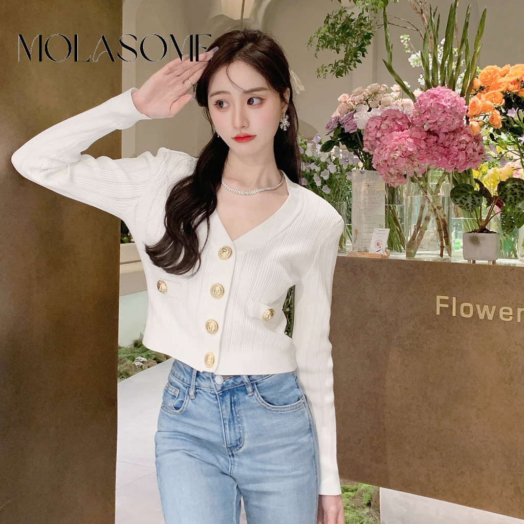 Molasome ผู้หญิง 2024 ใหม่แฟชั่นสีทึบ V คอยาวแขนยาว Slim Fit ถักปุ่มเสื้อสเวตเตอร์ถัก