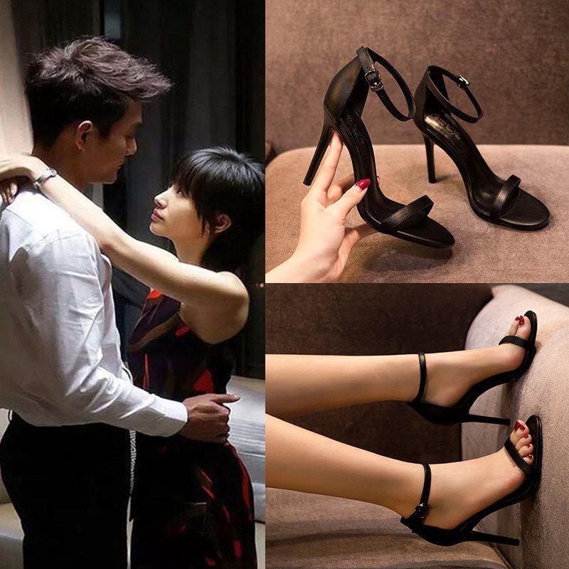 รองเท้าส้นสูงผู้หญิง Stiletto Heel 9 ซม.รองเท้าแตะเปิดนิ้วเท้า 2024 ผู้หญิงสไตล์ใหม่แฟชั่นฤดูร้อน All-Match Classy Influencer