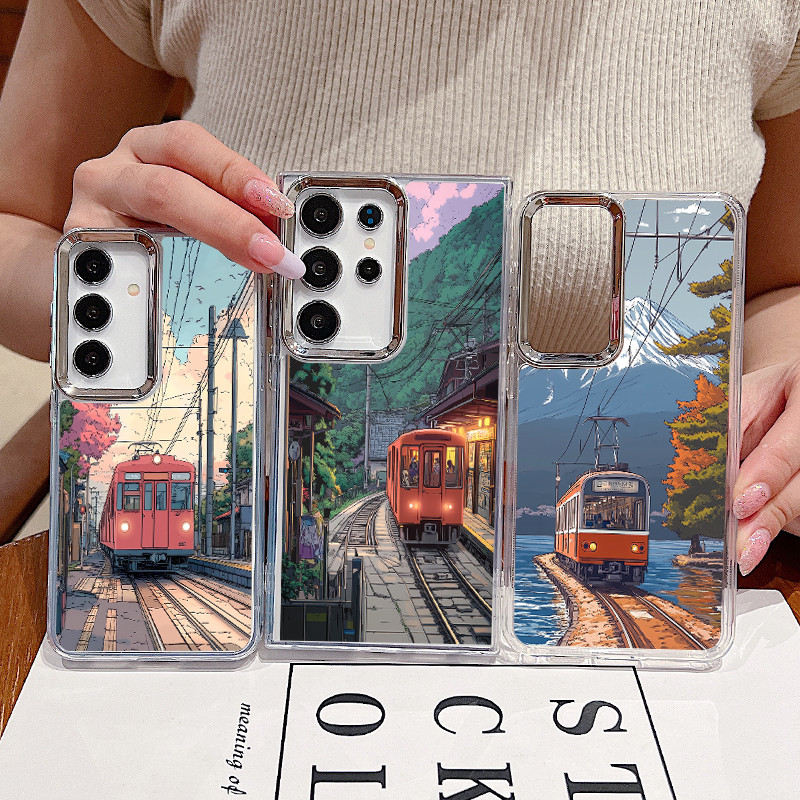 Fuji Mountain Manga Train Square Soft Case Samsung Galaxy S21 S24 FE S22 S23 Ultra PLUS A53 A55 A34 A25 5G