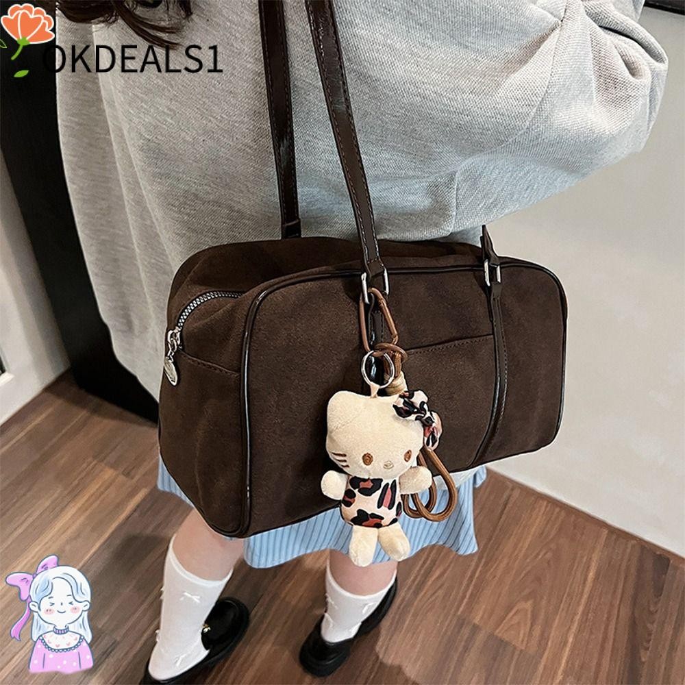 Dealshop กระเป๋าสะพาย, Harajuku พร้อมจี้แมว Suede Boston Tote Bag, การออกแบบสีทึบ Y2K กระเป๋าถือความจุขนาดใหญ่ใช้ทุกวัน