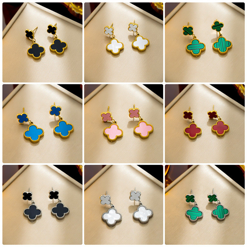 หลายสีตัวเลือกสไตล์เกาหลีสองน่ารักโคลเวอร์สี่ใบเหล็กไทเทเนียมผู้หญิงจี้ต่างหูประณีตเยาวชนทั้งหมด