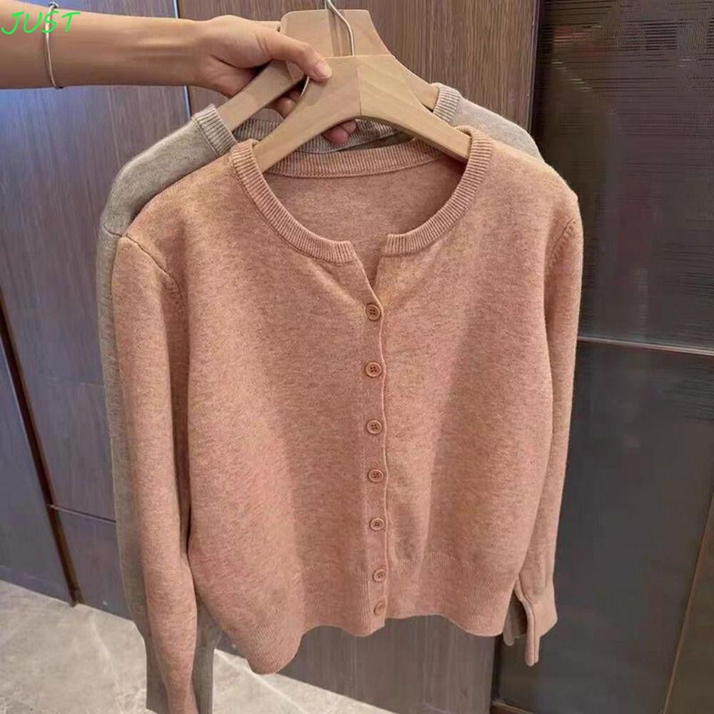 Just เสื้อสเวตเตอร์ถักผู้หญิง Y2K, แขนยาว Preppy สไตล์โครเชต์เสื้อกันหนาว, Elegant Single Breasted Solid สุภาพสตรี Tops Slim Crop Coats Streetwear