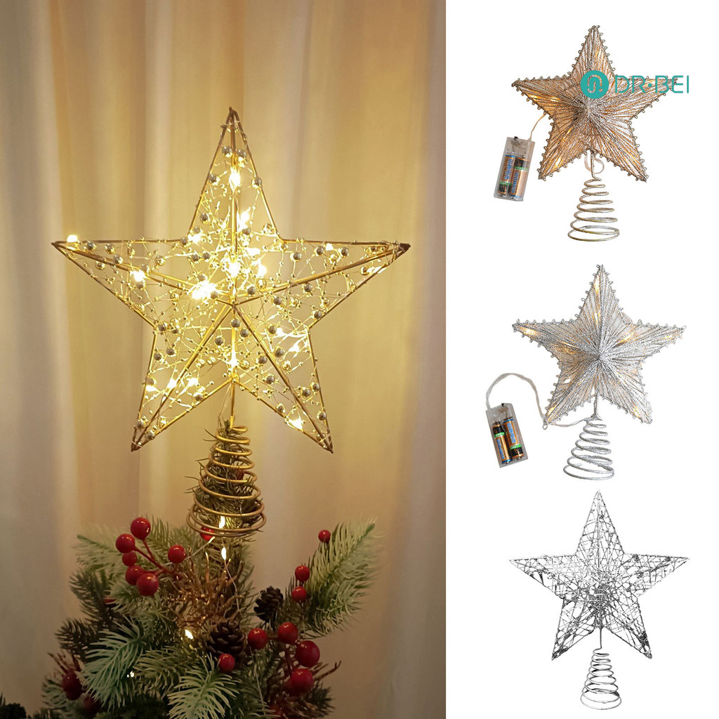 Dr.bei Flagship Store LED Star Christmas Tree Topper Glitter Gold Metal Star Light เครื่องประดับขับเคลื่อน Hollow Star Tree Top Light สําหรับคริสต์มาสหน้าแรกบาร์งานปาร์ตี้