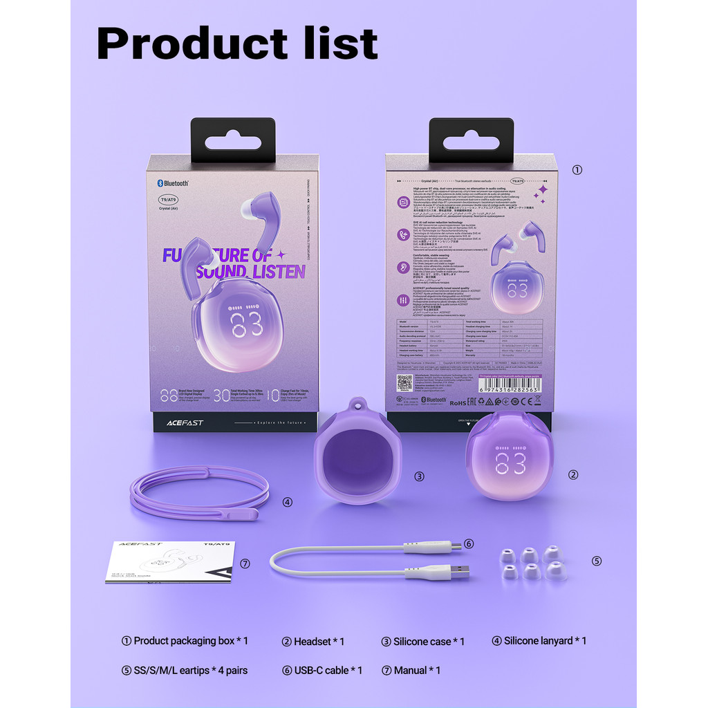 Acefast T9 TWS หูฟังไร้สายบลูทูธ 5.3 หูฟังกีฬาชุดหูฟังไฮไฟ AI โทรเสียงรบกวนหูฟังเบสสําหรับ iphone 15 14