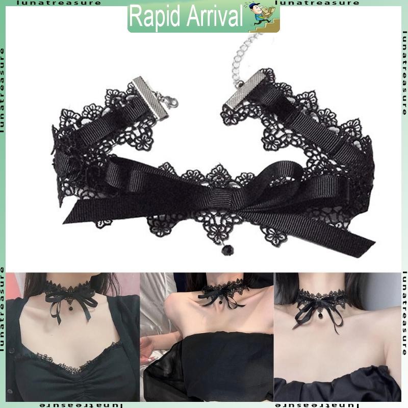 Lun Elegant สีดําลูกไม้ Bowkot Choker สร้อยคอ Gothic สร้อยคอ Vintage Choker สร้อยคอสั้นเครื่องประดับแฟชั่น