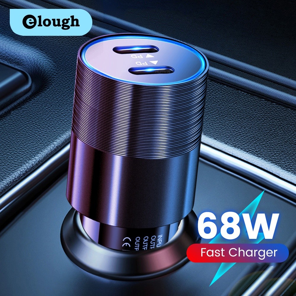 Elough 68W Dual USB Type C Car Charger โลหะ Auto PD Charger Adapter Fast Charging USB C Charger สําห