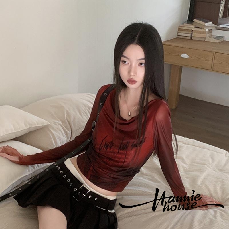 Hanie House- ผู้หญิงฤดูร้อน Letter Tie-Dye พิมพ์ตาข่ายเสื้อแขนยาว