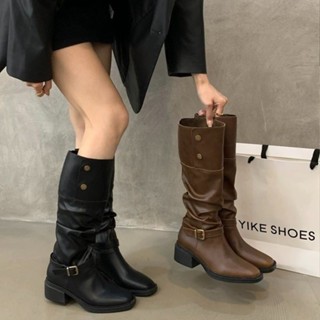 รองเท้าบูทผู้หญิงแฟชั่นเกาหลีหัวเหลี่ยมพื้นหนาส้นหนารองเท้าบ…