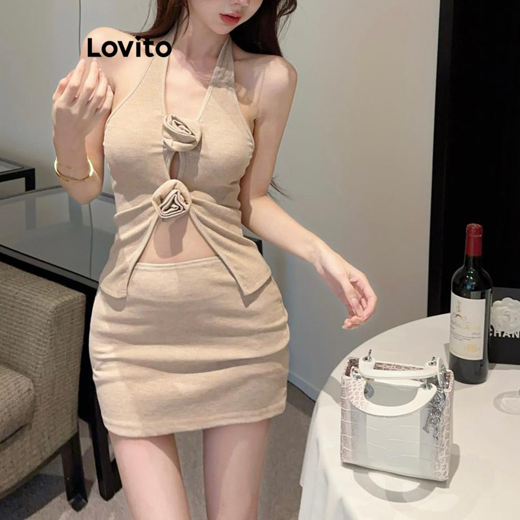 Lovito ชุดเซ็ทกระโปรง แต่งดอกไม้ สีพื้น สไตล์เซ็กซี่ สำหรับผู้หญิง LNA68335