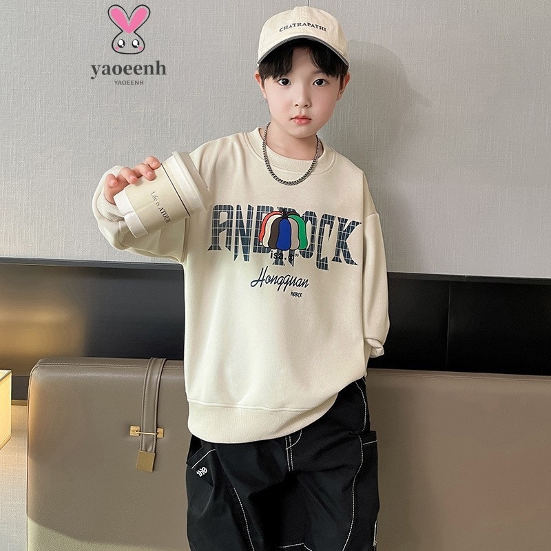 【YAOEENH】120-170เซนติเมตรฤดูใบไม้ผลิฤดูใบไม้ร่วงชายแฟชั่นหลวมวางไหล่เสื้อกันหนาวกลางเด็กใหญ่ฟักทองพิมพ์รอบคอเสื้อลําลองอ่าน