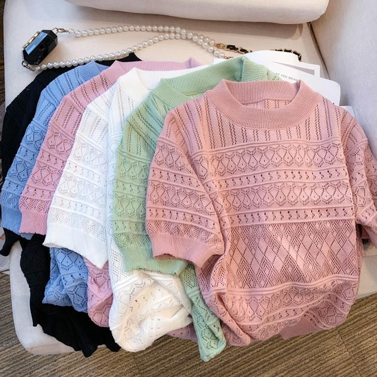 KOKO#เสื้อไหมพรมบาง แขนสั้นคอกลม ฉลุลายในตัว น่ารักมาก สีสวยแนวสาวหวาน แมตช์งาย -พร้อมส่ง-รุ่น1026