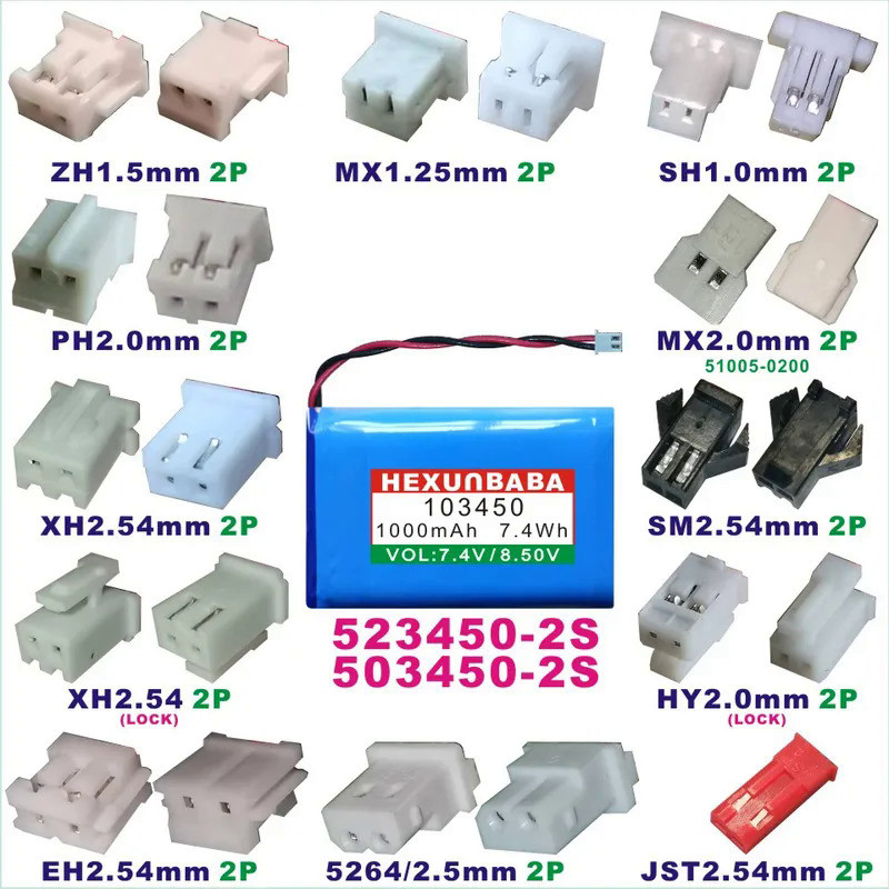 523450-2S 7.4V 1000mAh 103450  XH2.54 PH2.0 ZH1.5 MX1.25 SH1.0 2P Li-Ion Battery For Chord MOJO WS-6
