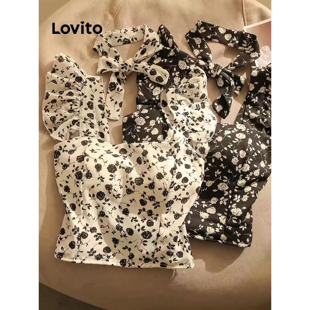 Lovito เสื้อแขนกุดผู้หญิง แต่งระบาย พิมพ์ลายดอกไม้ สไตล์ลำลอง LNE57628