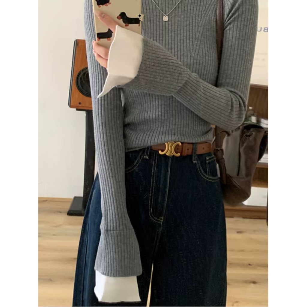 Madeinost ความรู้สึกระดับไฮเอนด์ย้อนยุคสีตัดกันปลอมสองชิ้นเสื้อสเวตเตอร์ถัก bottoming เสื้อสเวตเตอร์