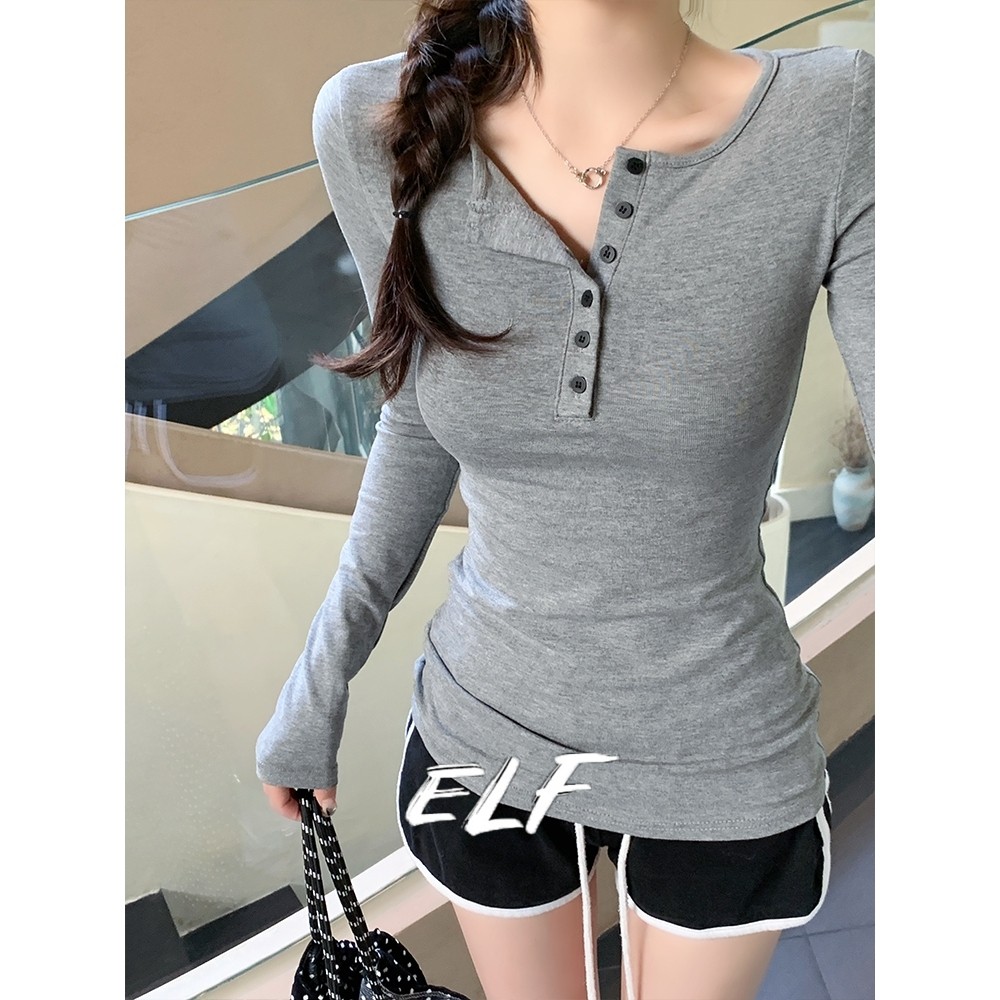Hot Girl สีเทา Niche ปุ่ม Slim-Fit Slimmer ดูเสื้อยืดแขนยาวด้านล่างเสื้อผู้หญิง Simple Receiver ภายใน Fit ไหล่ด้านบน