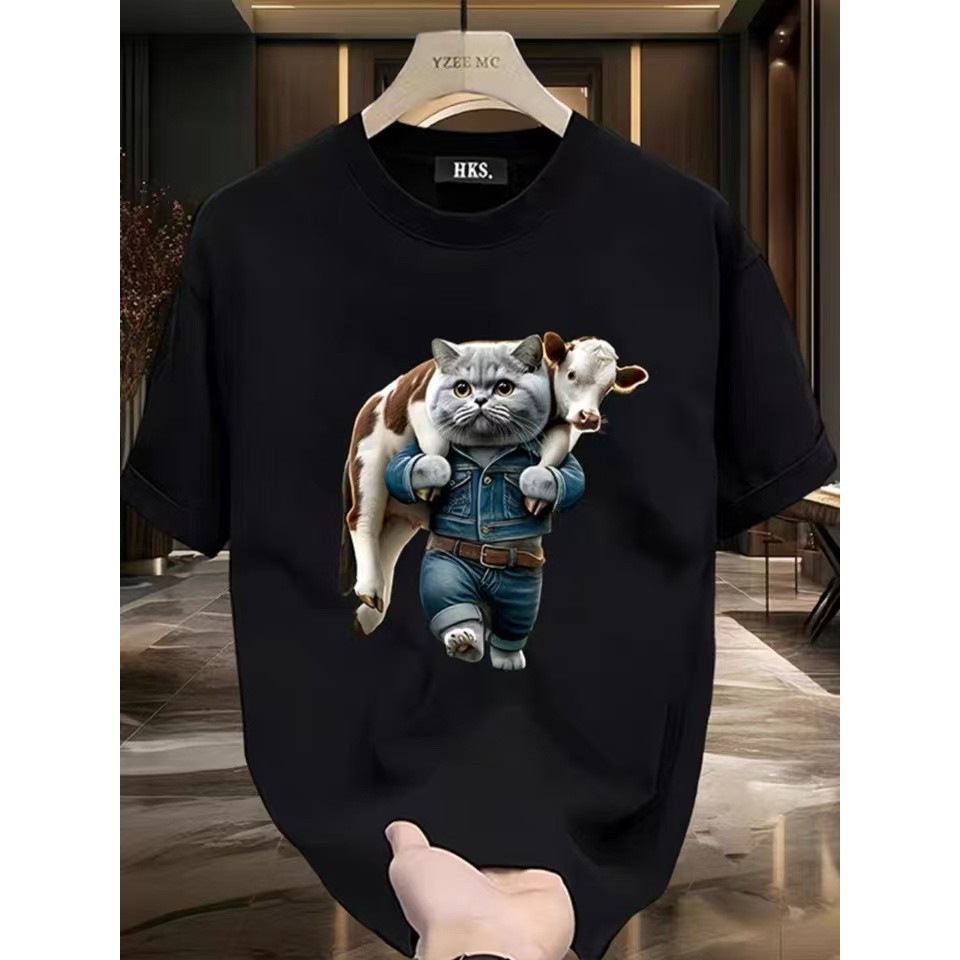(จัดส่งตลอด 24 ชั่วโมง)Fanfei เสื้อเชิ้ตแขนสั้น ลาย "Working Kitty" ผ้าฝ้าย 100%, ฮิตมากในยุคนี้ แฟชั่นฤดูร้อน, คอกลม