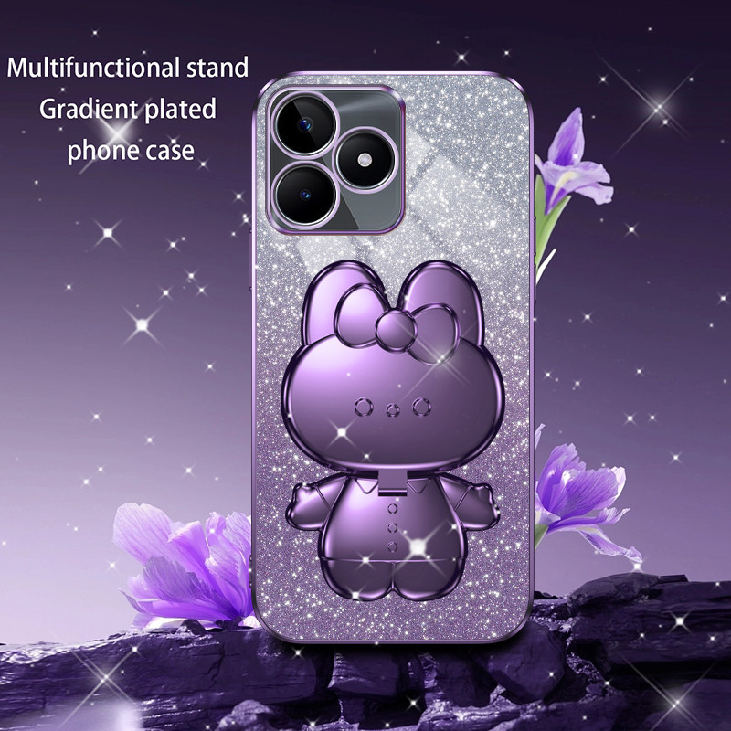 ปลอก OPPO A3X A3 เคสโทรศัพท์ขอบทองอ่อนและเคสป้องกันโช้คอัพโปร่งใสพร้อมขายึดกระต่ายมีกระจก