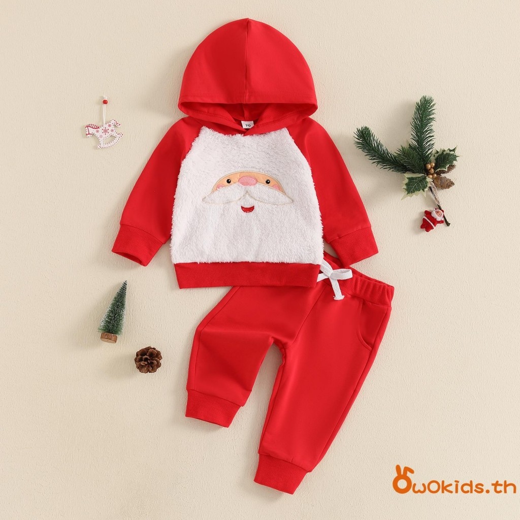 Grao-baby 2 ชิ้นชุดคริสต์มาสแขนยาว Santa เย็บปักถักร้อย Hoodie และกางเกงชุดเด็กวัยหัดเดินเสื้อผ้า