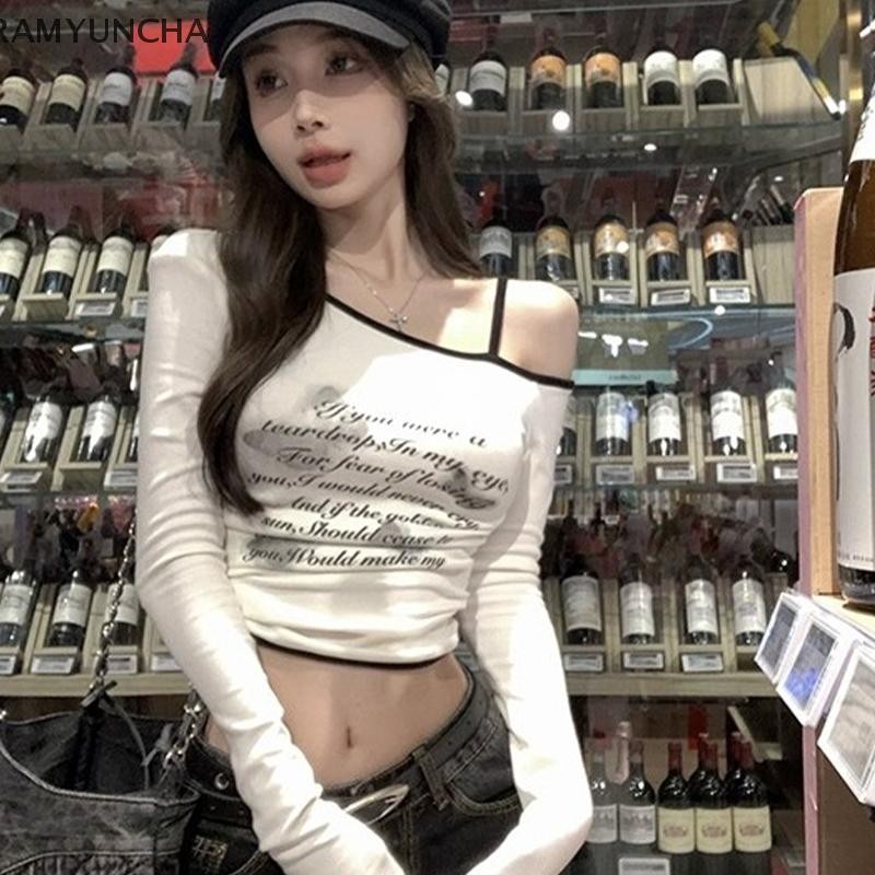 Ram สาวร้อนแฟชั่นพิมพ์ปิดไหล่แขนยาวไม่สม่ําเสมอ Slim เสื้อยืดผู้หญิง Crop Top OTC