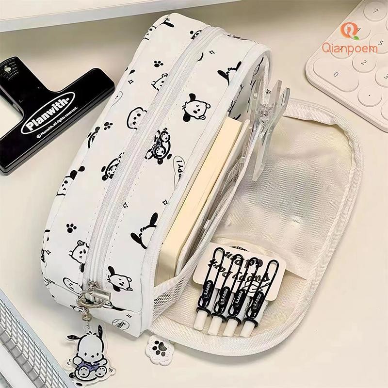 {Qianpoem} กระเป๋าเก็บความจุขนาดใหญ่น่ารัก Sanrio Hello Kitty กล่องดินสอ Anime Kawaii Pochacco Multi-Layer Penbag การ์ตูนเครื่องเขียนของขวัญใหม่