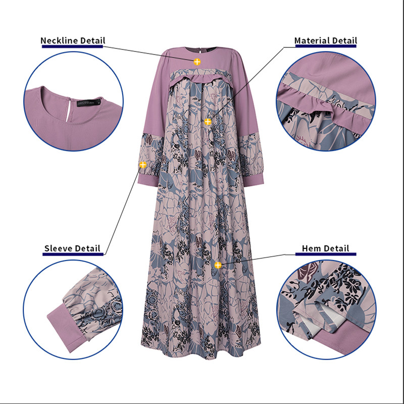 ZANZEA ใส่ ซานเซีย ผู้หญิงมุสลิม โอ-คอ รัฟเฟิล พิมพ์ชุดหลวมแขนยาวสี