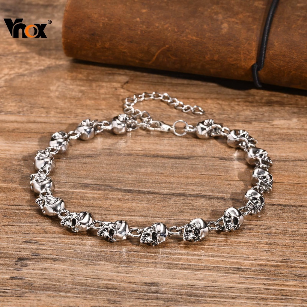 Vnox Gothic Full Skull Link Chain สร้อยข้อมือสําหรับชาย, Cool Ghost Head Skeleton Punk สายรัดข้อมือรถจักรยานยนต์, เครื่อ