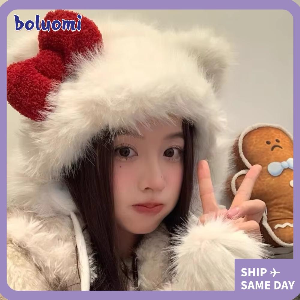 หมวกหูแมว โบลูโอมิ กันลม กับหมวกอบอุ่นลูกไม้ป้องกันหูน่ารักกุทัณฑ์ถักหมวกผู้หญิง