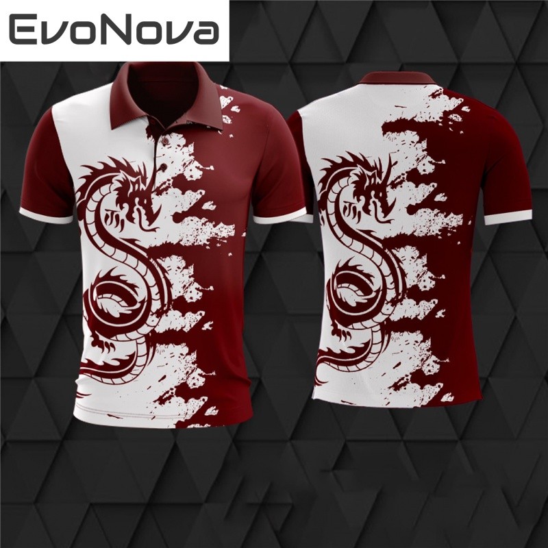 Evonova ออกแบบใหม่3D พิมพ์เสื้อโปโลไล่โทนสีและลายมังกรออกแบบประสานงานเสื้อโปโลผู้ชายสไตล์ไทย