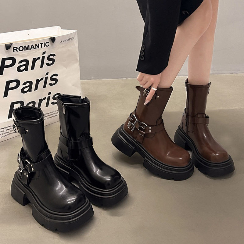 แฟชั่นรองเท้าบู๊ท Martin Boots Leather Boots Slip-On Outer Wear Winter Casual