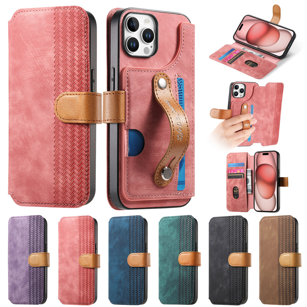 Pu หนังกระเป๋าสตางค์พร้อมช่องใส่การ์ดและสายคล้องมือสําหรับ iPhone 6 6S 7 8 X XS XR 11 12 Mini Pro Max Plus