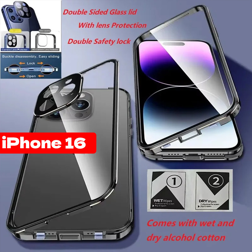 สําหรับ iPhone 16 Pro Max Plus ProMax Mini 16Pro เคสโทรศัพท์ Tempering Clear ป้องกันกล้อง iPhone16 กระจกสองด้านปลอกพลิกเต็ม 360° ฝาครอบโลหะดูดซับแม่เหล็กแบบแข็ง