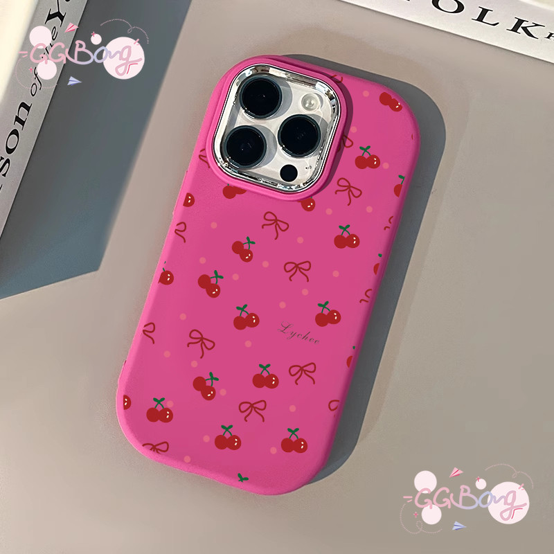 การ์ตูนเชอร์รี่สีแดงโบว์น่ารักชุบโลหะฝาครอบเลนส์ เคสไอโฟน 11 16 XS 12 14 13 15 16 Pro Max 16 7 8 11 14 Plus XR X SE เคส - ภาพย่อย 5