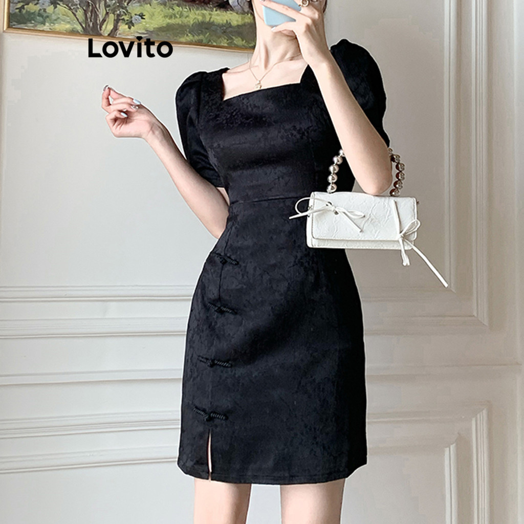 Lovito ชุดเดรสผู้หญิง ผ่าหน้า มีกระดุม แต่งซิป สีพื้น หรูหรา LNA30108 (สีดำ)