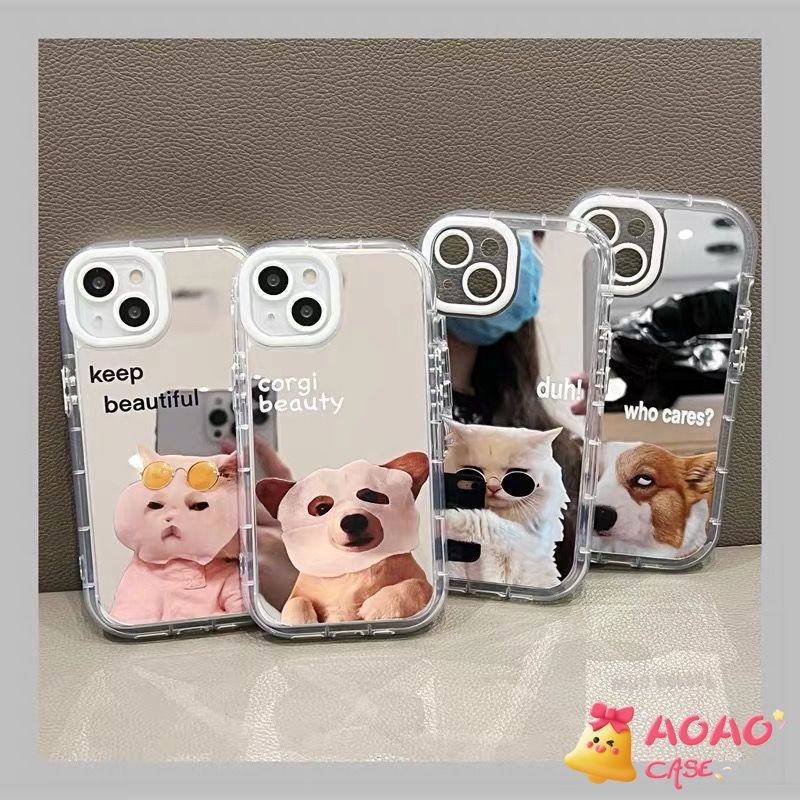 แฟชั่นตลกสุนัขตัวน้อยแมวแต่งหน้ากระจกนุ่ม เคสiPhone 16 15 11 13 12 14 Pro Max XR 7Plus XS X Max 16 7 8 15 Plus SE 2020