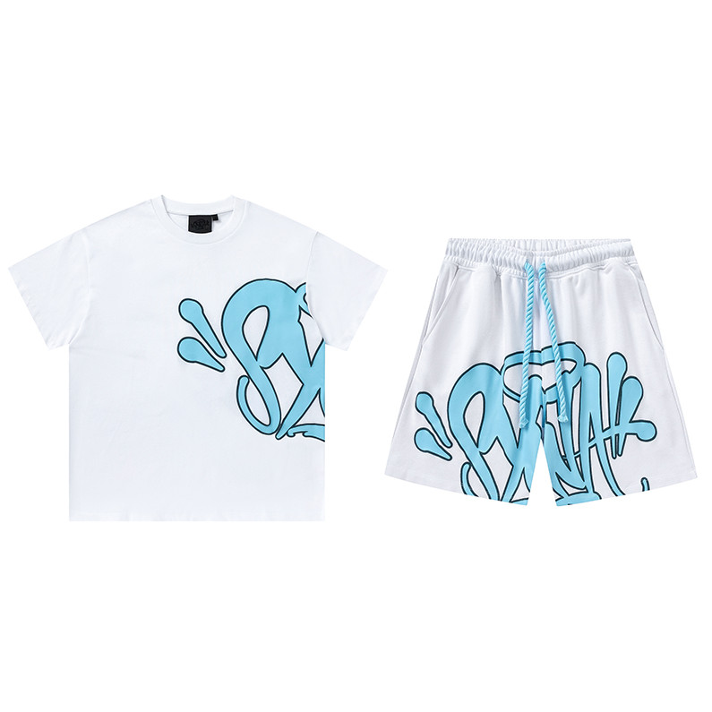 ขายร้อน SYNAWORLD DRILL สไตล์อเมริกัน Hip Hop พิมพ์เสื้อยืดแขนสั้นกางเกงขาสั้นฤดูร้อน Street Wear แฟชั่นสูท