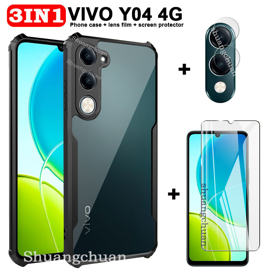 3in1 สําหรับ VIVO Y04 กระจกนิรภัยฟิล์มกระจกนิรภัยใส Y04 4G กรณี + ฟิล์มเลนส์กล้อง Y04 อะคริลิคเคสโทร