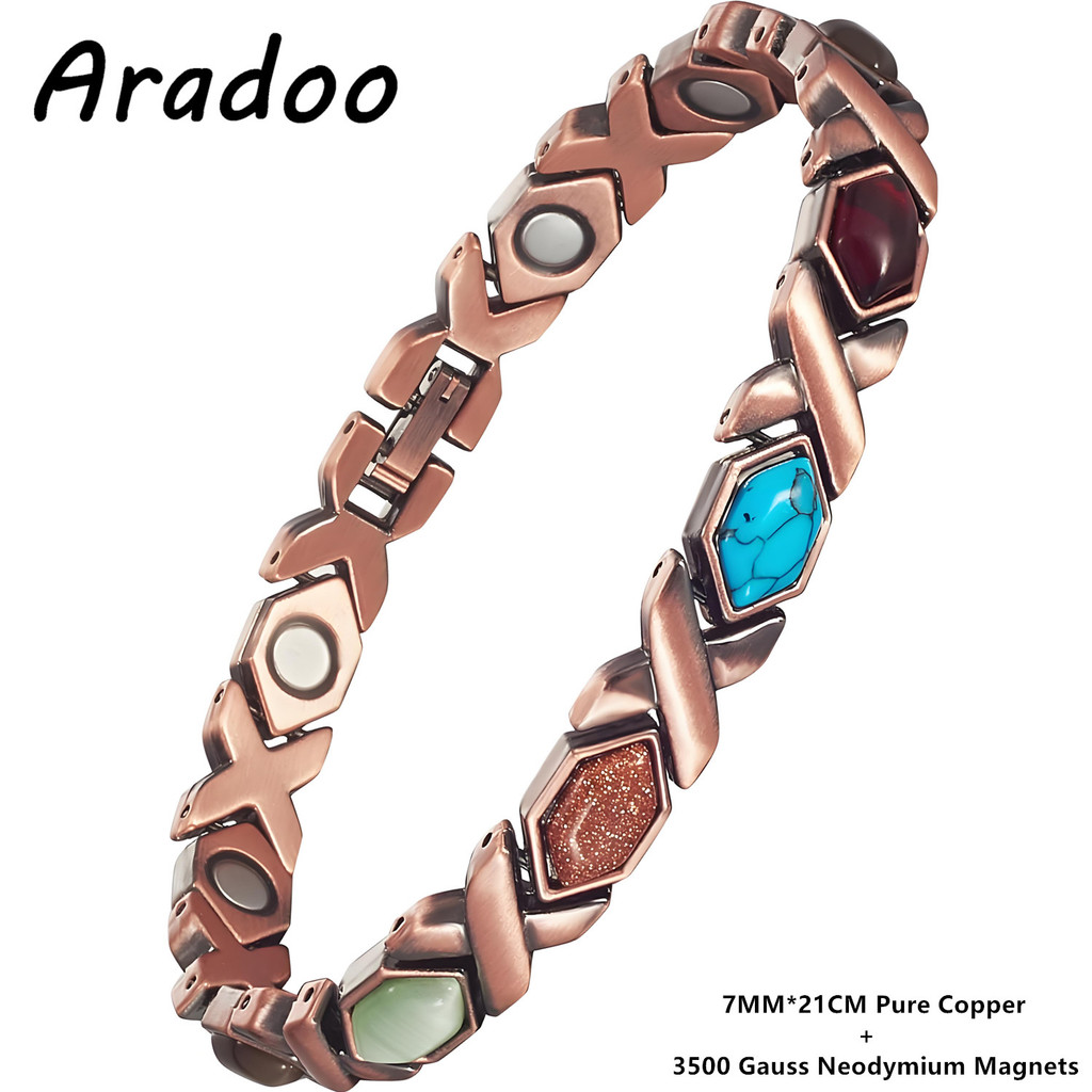 สร้อยข้อมือแม่เหล็กทองคำบริสุทธิ์ ARADOO สําหรับผู้หญิง ดีท็อกซ์Turquoise กับแม่เหล็ก 3500 Gauss ราคา ถูกที่สุด ดีลบีเคเค