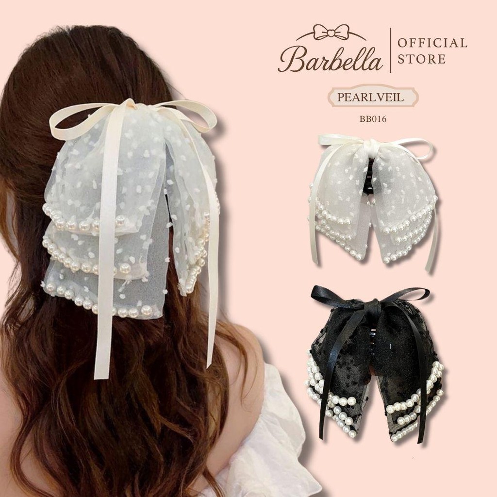 Barbella กิ๊บโบว์ติดผม ตาข่ายมุกหรู สไตล์เจ้าหญิง รุ่น Pearlveil (BB016)