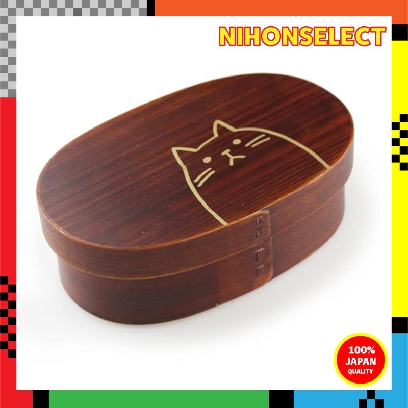 Fujishiro Craft Bentwood Oval Bento Box - Cat Design (470ml, Urushi Coating)