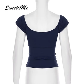 SweeticMe เสื้อสตรี 2025 แฟชั่นใหม่หวานคอสี่เหลี่ยมแขนกุด Lacing