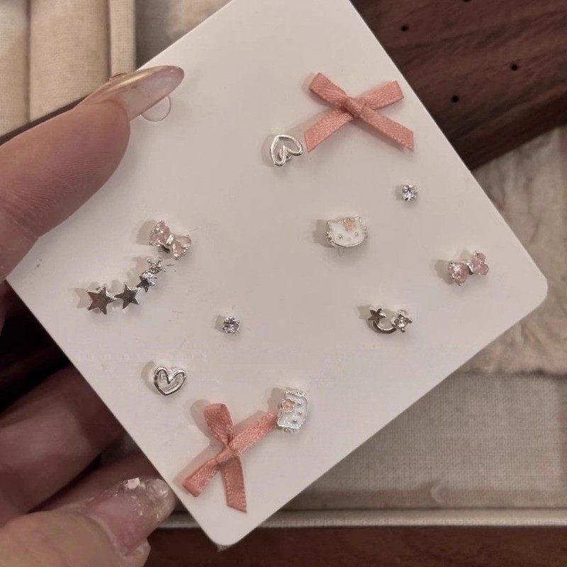 ต่างหูสเตอร์ลิงเงินสีชมพูแบบโบว์ ลายคิตตี้ สำหรับแฟชั่นหญิง - รูปที่ 2