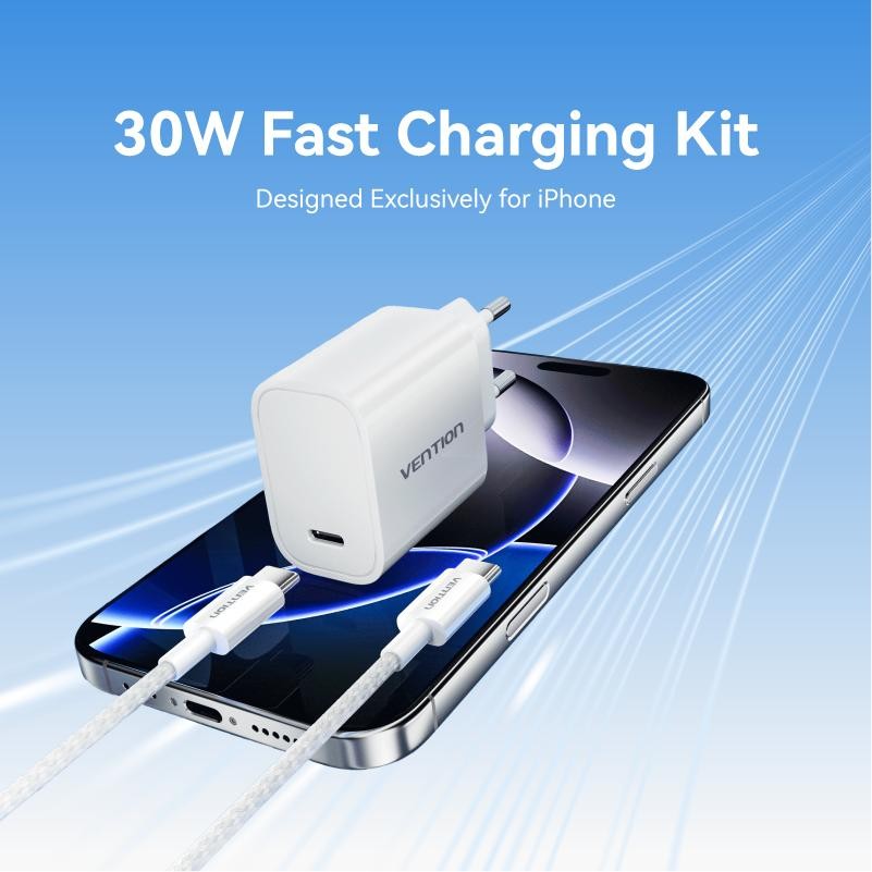 Vention เครื่องชาร์จ USB Type-C GaN 1 พอร์ต (30W) พร้อมสาย USB 2.0 Type-C ถึง Type-C 3A (1M) EU-Plug