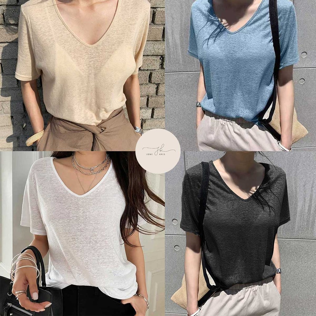 เสื้อยืดคอวีแขนสั้น ผู้หญิง ผ้านุ่มลื่น