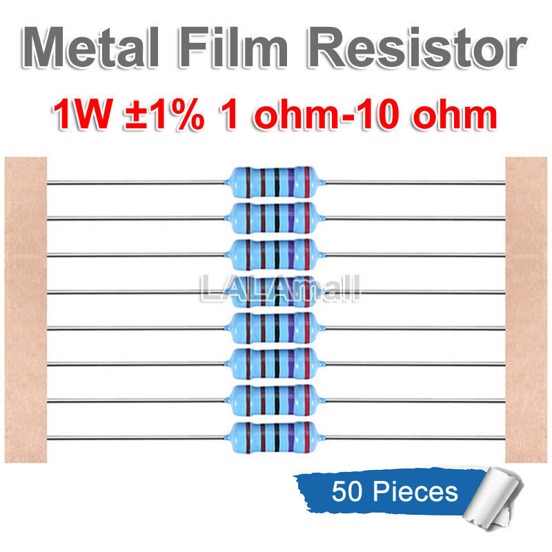 50 ชิ้น/ล็อต 1W ตัวต้านทานฟิล์มโลหะ 1% 1R 1.2R 1.5R 1.8R 2R 2.2R 2.4R 2.7R 3R 3.3R 3.6R 3.9R 4.3R 4.