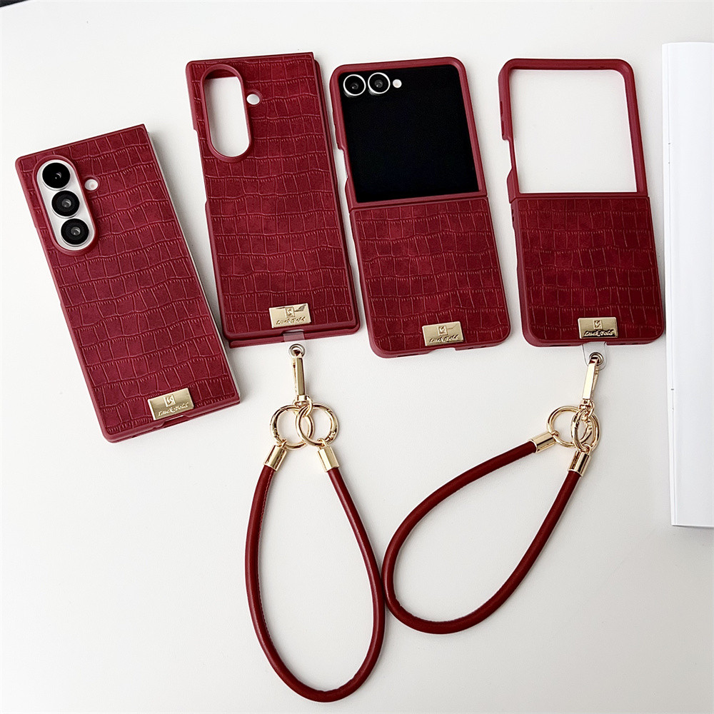 SAMSUNG หรูหราสีแดงหนังจระเข้สําหรับSamsung Galaxy Z Flip 7 6 5 4 3 5Gป้องกันปกหลังสําหรับGalaxy Z fold7 พร้อมสายหนังกันกระแทกกรณี