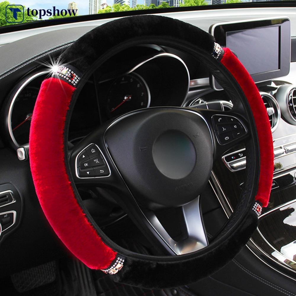 TOPSHOW Universal เส้นผ่านศูนย์กลาง Soft Plush Rhinestone พวงมาลัยรถอุปกรณ์ตกแต่งภายในพวงมาลัยรถ-จัด